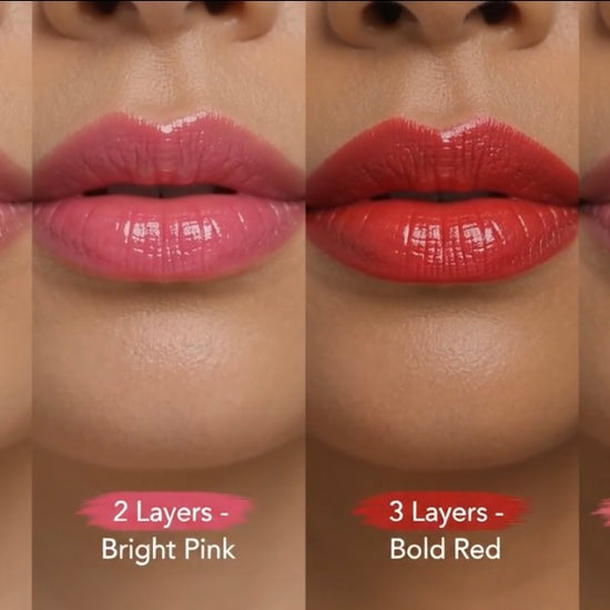 ME-LIPS Warm Red Glow 4-in-1 color-adaptive lip and cheek tint balm being applied to the lips with a brush, showing the warm red-pink color result.