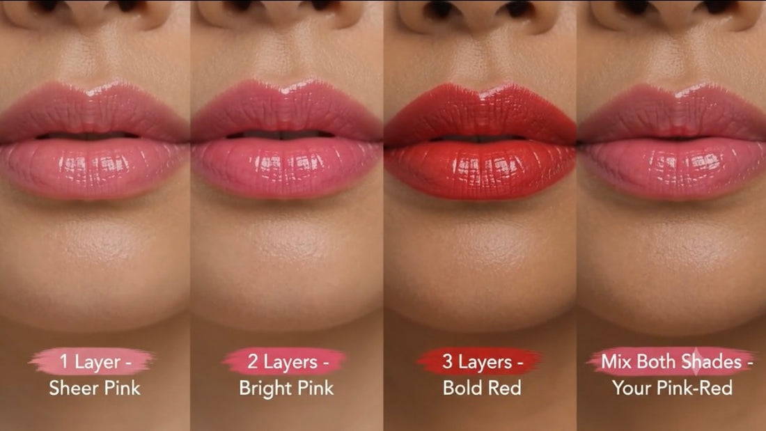 ME-LIPS Warm Red Glow 4-in-1 color-adaptive lip and cheek tint balm being applied to the lips with a brush, showing the warm red-pink color result.