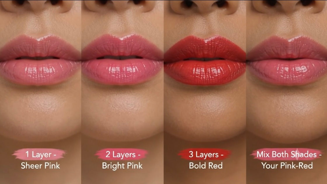 ME-LIPS Warm Red Glow 4-in-1 color-adaptive lip and cheek tint balm being applied to the lips with a brush, showing the warm red-pink color result.