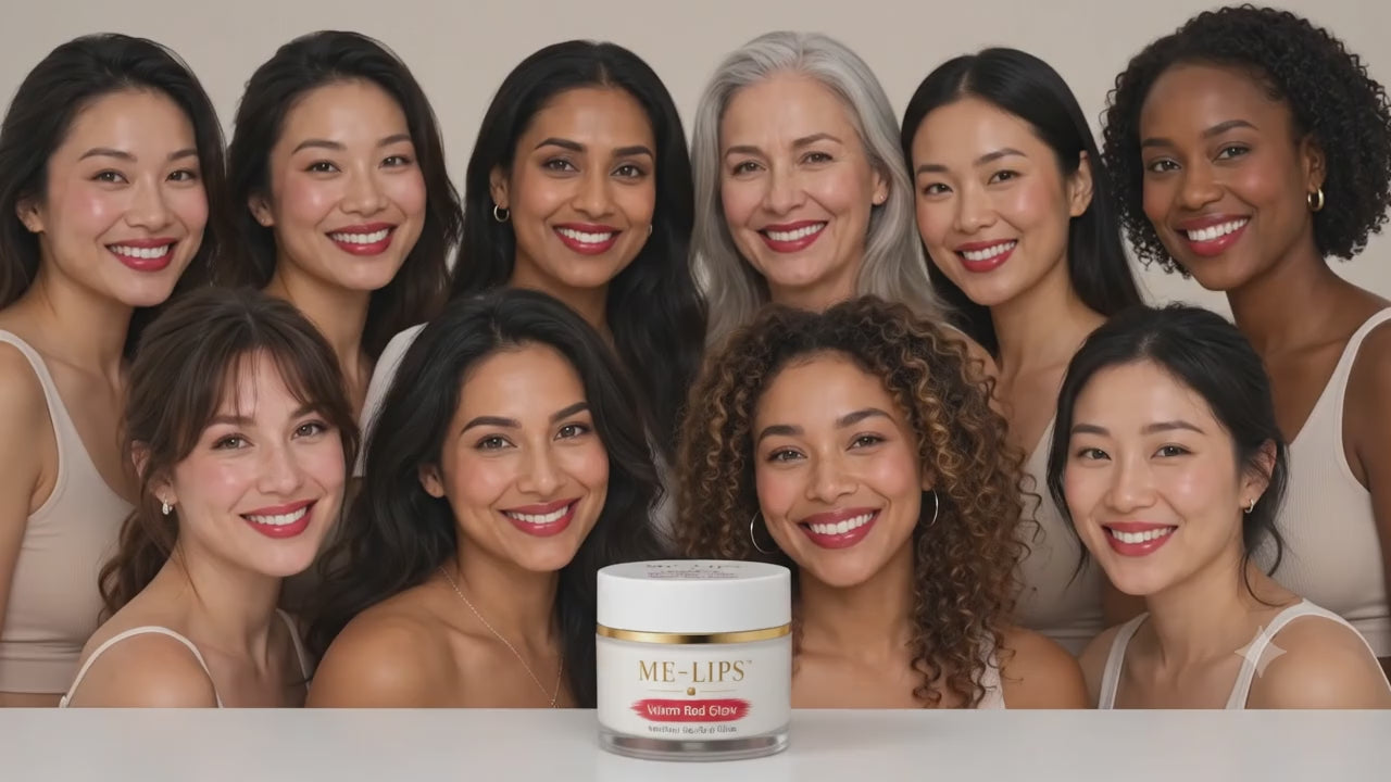 Load video: Demonstration of ME-LIPS 4-in-1 Color-Adaptive Lip &amp; Cheek Tint Balm applied on lips, cheeks, and nose using three brushes for a natural glow