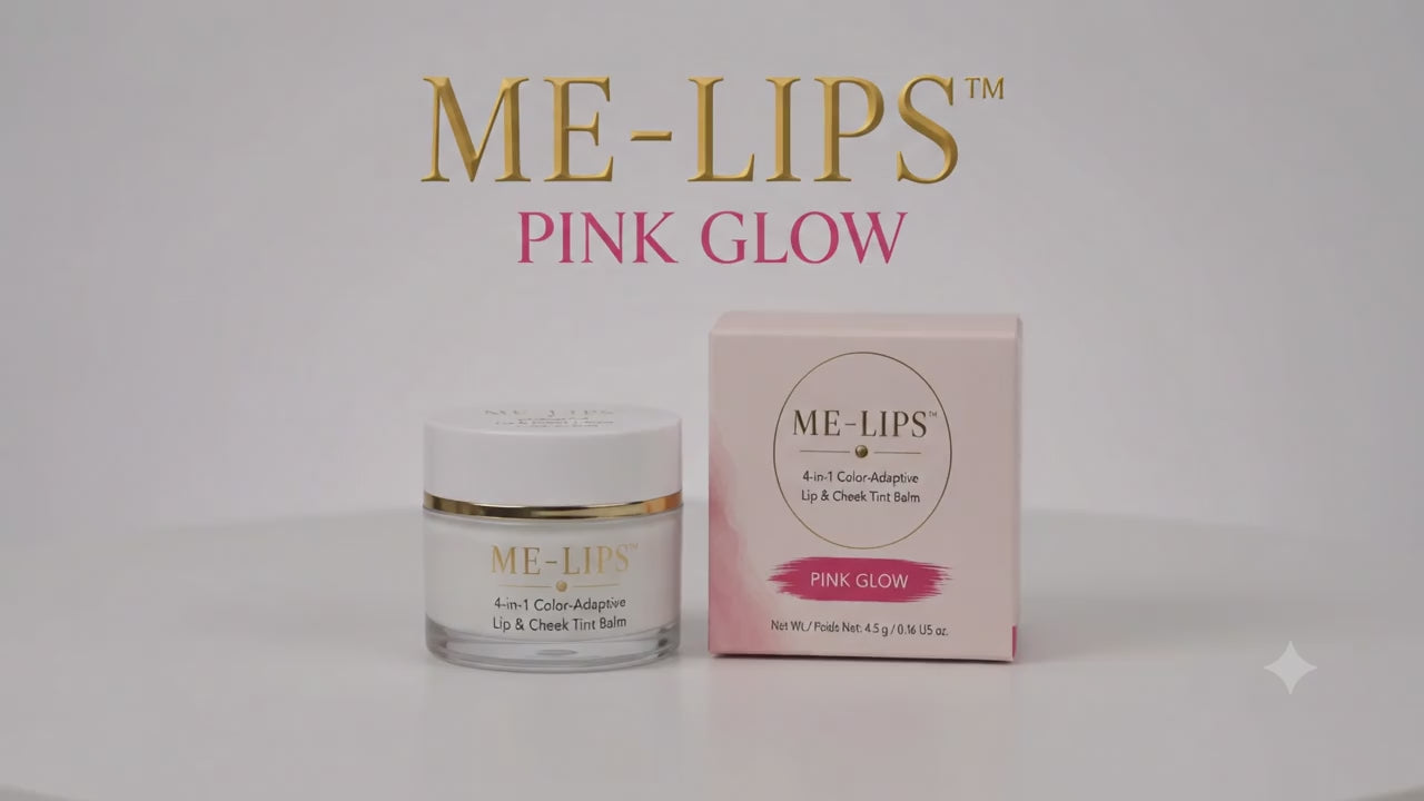 Load video: Demonstration of ME-LIPS 4-in-1 Color-Adaptive Lip &amp; Cheek Tint Balm applied on lips, cheeks, and nose using three brushes for a natural glow