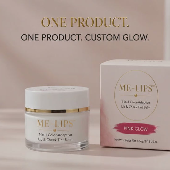 ME-LIPS 4-in-1 Color-Adaptive Lip & Cheek Tint balms in Pink Glow and Warm Red Glow with matching product boxes and color swatches, alongside a close-up of a model applying the tint with a brush and text overlay reading "MIX & MATCH" and "MIXED -> Unique Pink-Red".