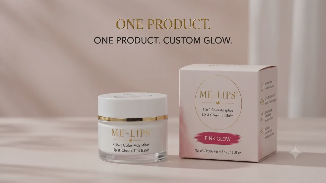 ME-LIPS 4-in-1 Color-Adaptive Lip & Cheek Tint balms in Pink Glow and Warm Red Glow with matching product boxes and color swatches, alongside a close-up of a model applying the tint with a brush and text overlay reading "MIX & MATCH" and "MIXED -> Unique Pink-Red".