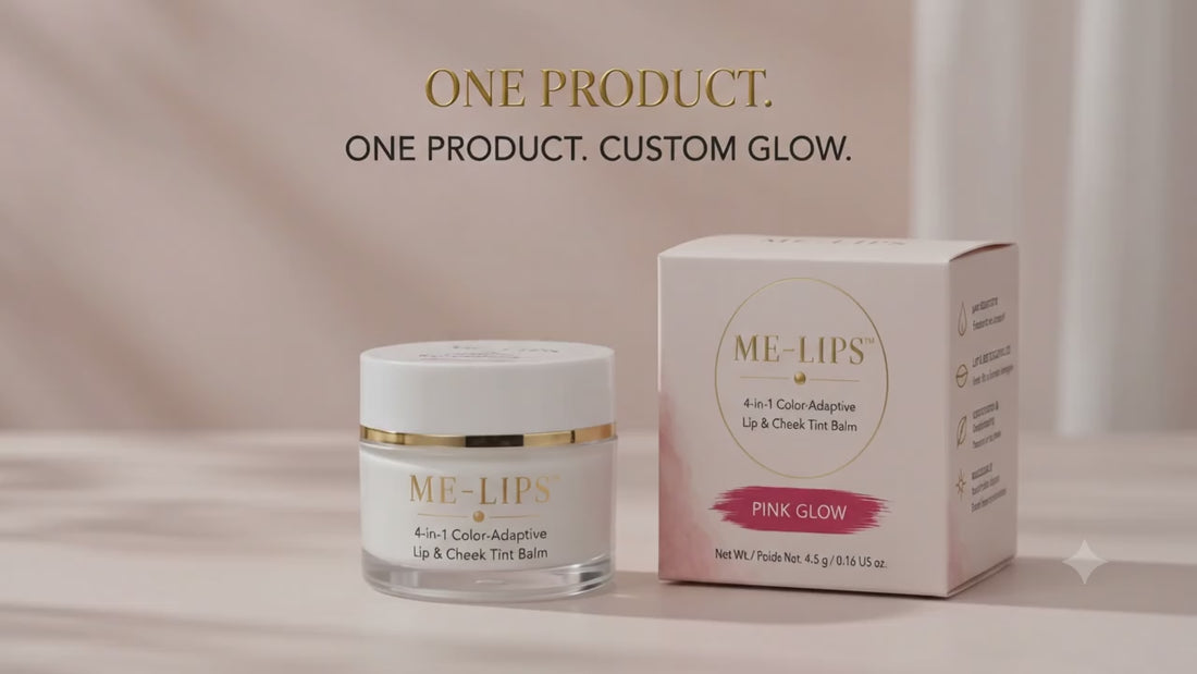 ME-LIPS 4-in-1 Color-Adaptive Lip & Cheek Tint balms in Pink Glow and Warm Red Glow with matching product boxes and color swatches, alongside a close-up of a model applying the tint with a brush and text overlay reading "MIX & MATCH" and "MIXED -> Unique Pink-Red".