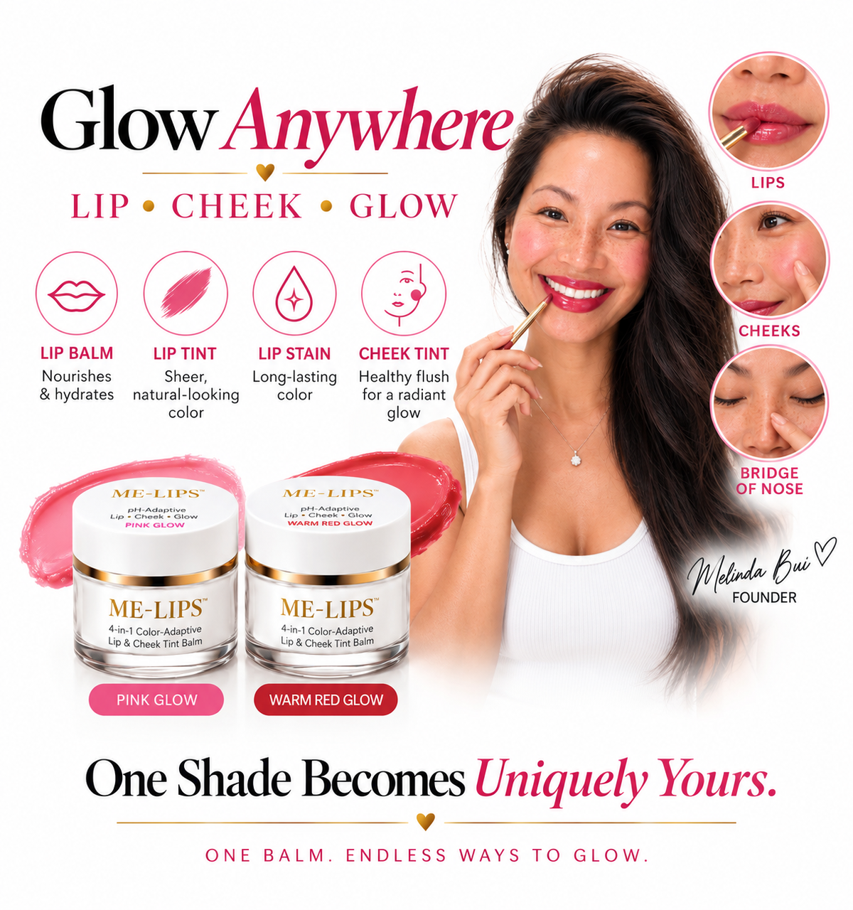 Load video: ME-LIPS founder Melinda Bui demonstrating how to apply the 4-in-1 color-adaptive lip and cheek tint balm to lips, cheeks, and the bridge of the nose using three brushes.