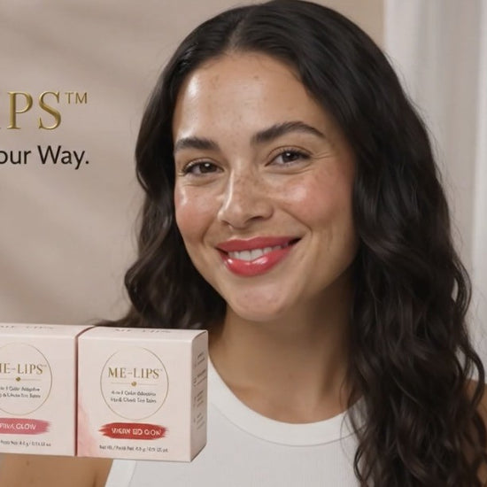 Close-up of a model applying ME-LIPS color-adaptive lip tint onto their lips with a brush, with text overlay reading "3+ LAYERS -> Bold".
