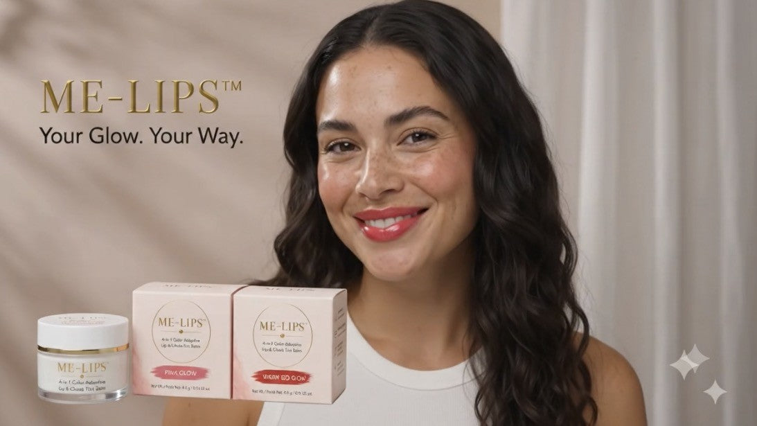 Load video: Close-up of a model applying ME-LIPS color-adaptive lip tint onto their lips with a brush, with text overlay reading "3+ LAYERS -> Bold".